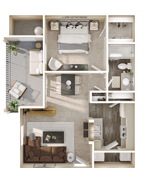 a 3d rendering of a bedroom with a living room and a bed